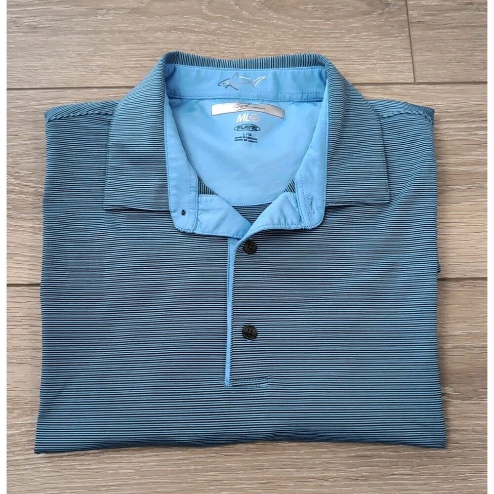 GREG NORMAN GOLF POLO MEN'S L SHARK LOGO BLUE SHORT SLEEVE ML75 SPRING WEAR EUC